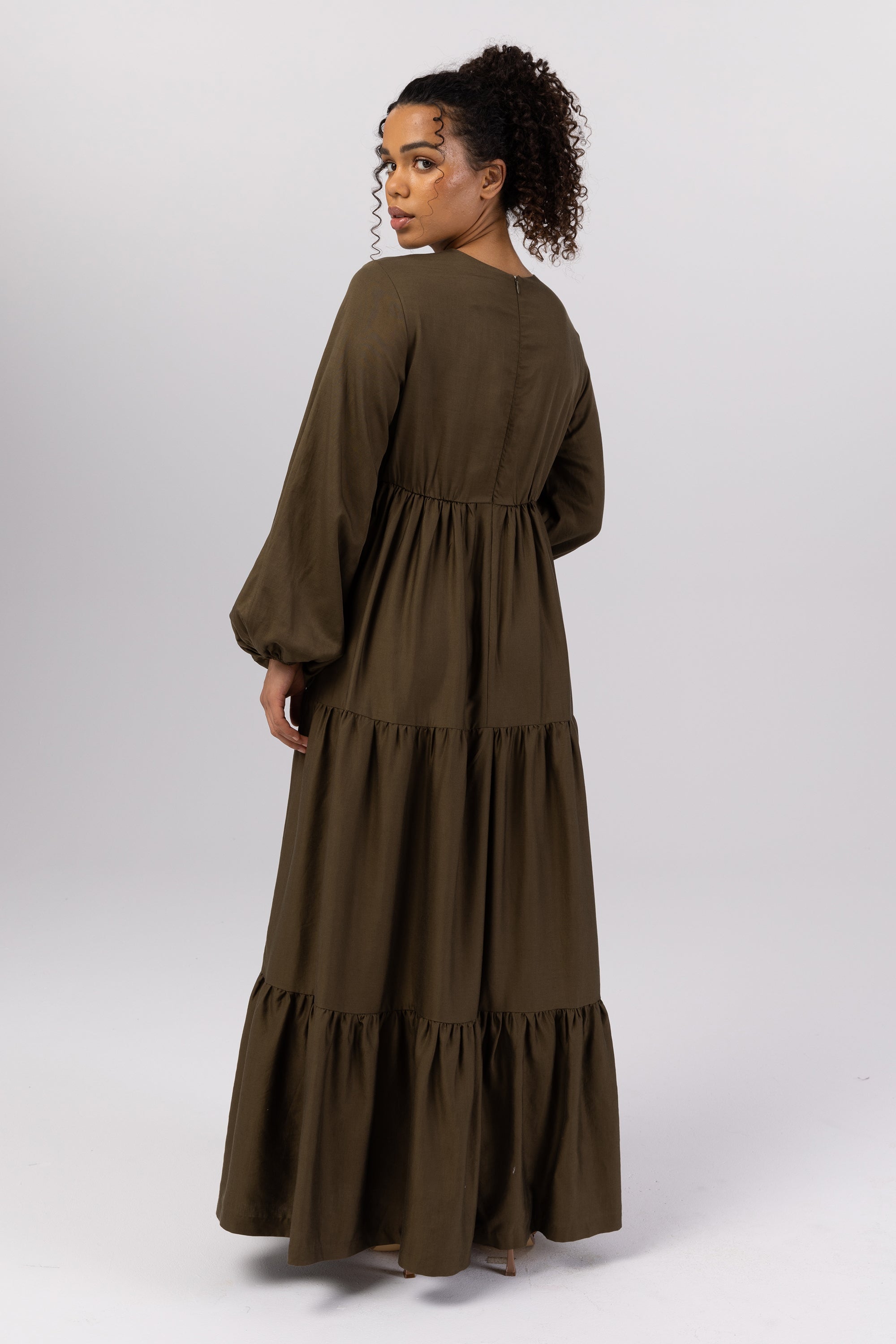 Tala Tiered Linen Maxi Dress - Dark Olive Veiled 