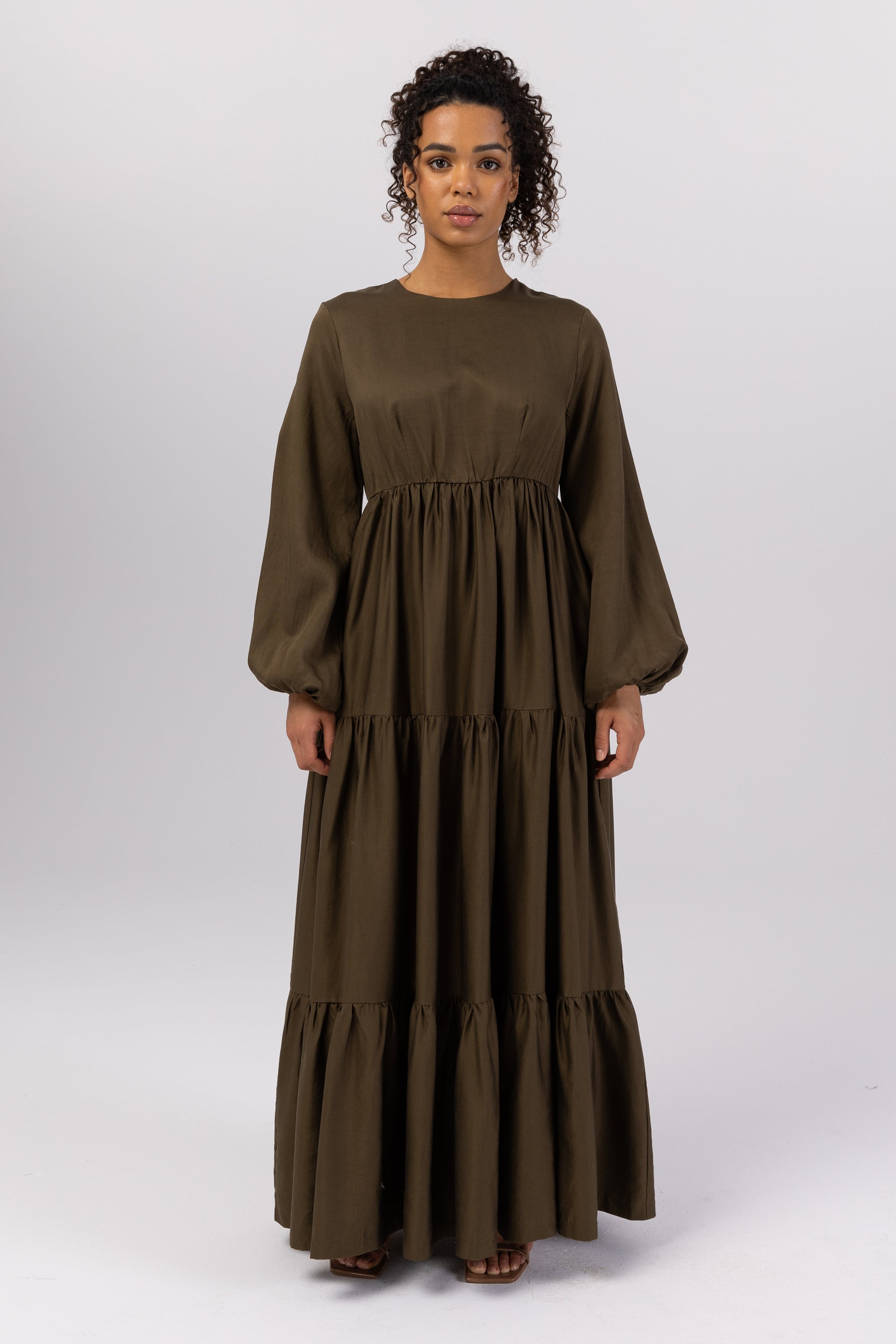 Tala Tiered Linen Maxi Dress - Dark Olive Veiled 