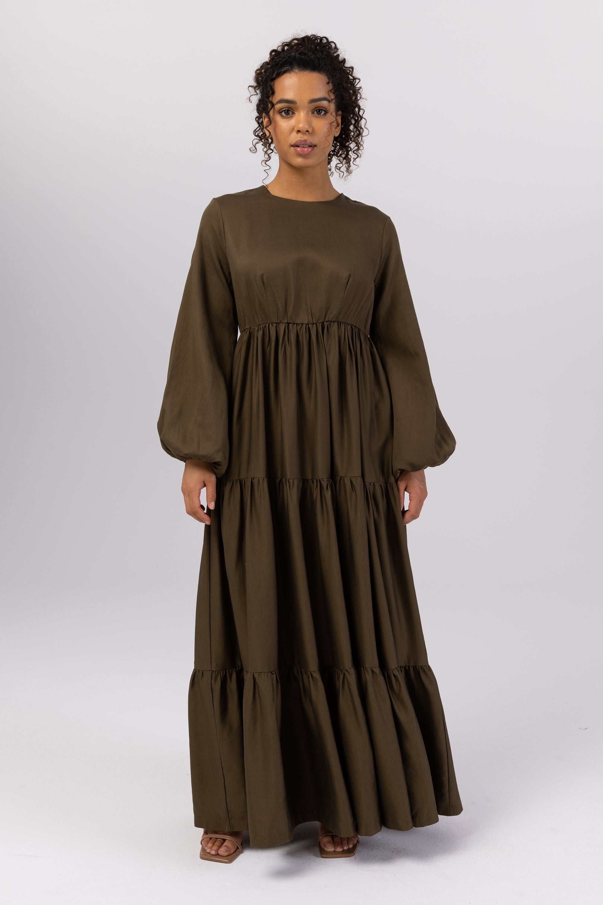 Tala Tiered Linen Maxi Dress - Dark Olive Veiled 