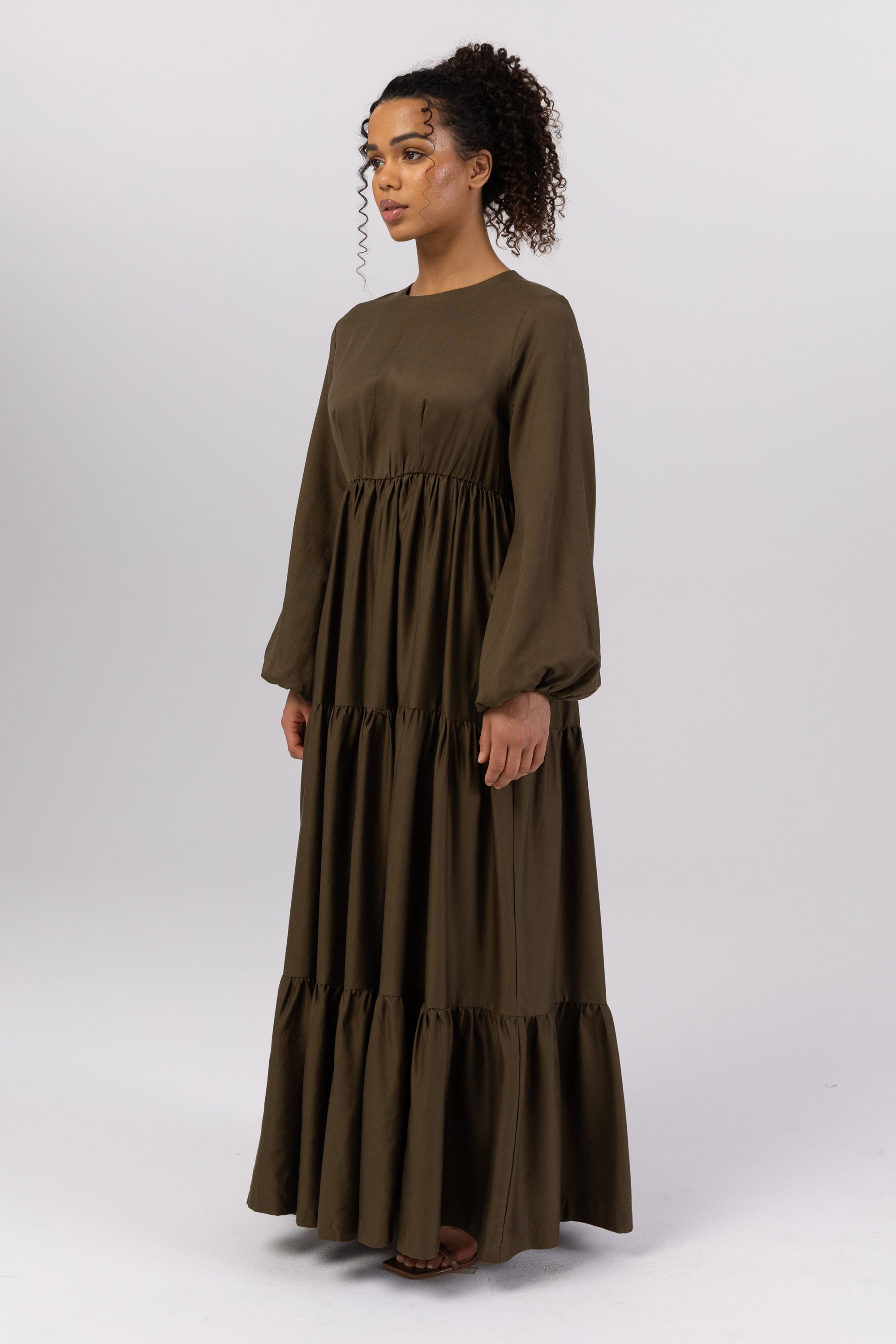 Tala Tiered Linen Maxi Dress - Dark Olive Veiled 