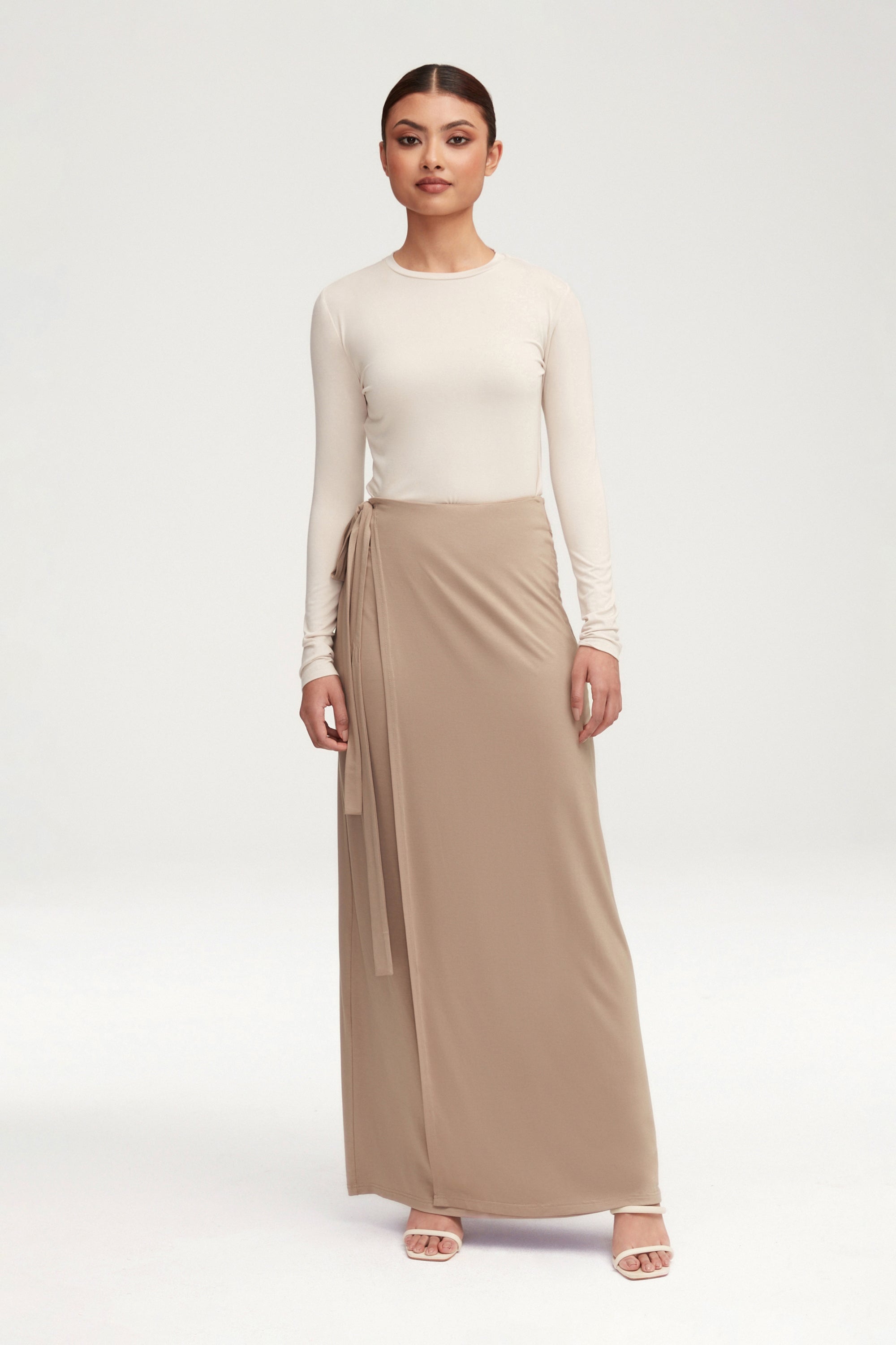 Talia Jersey Wrap Maxi Skirt - Taupe Clothing Veiled 