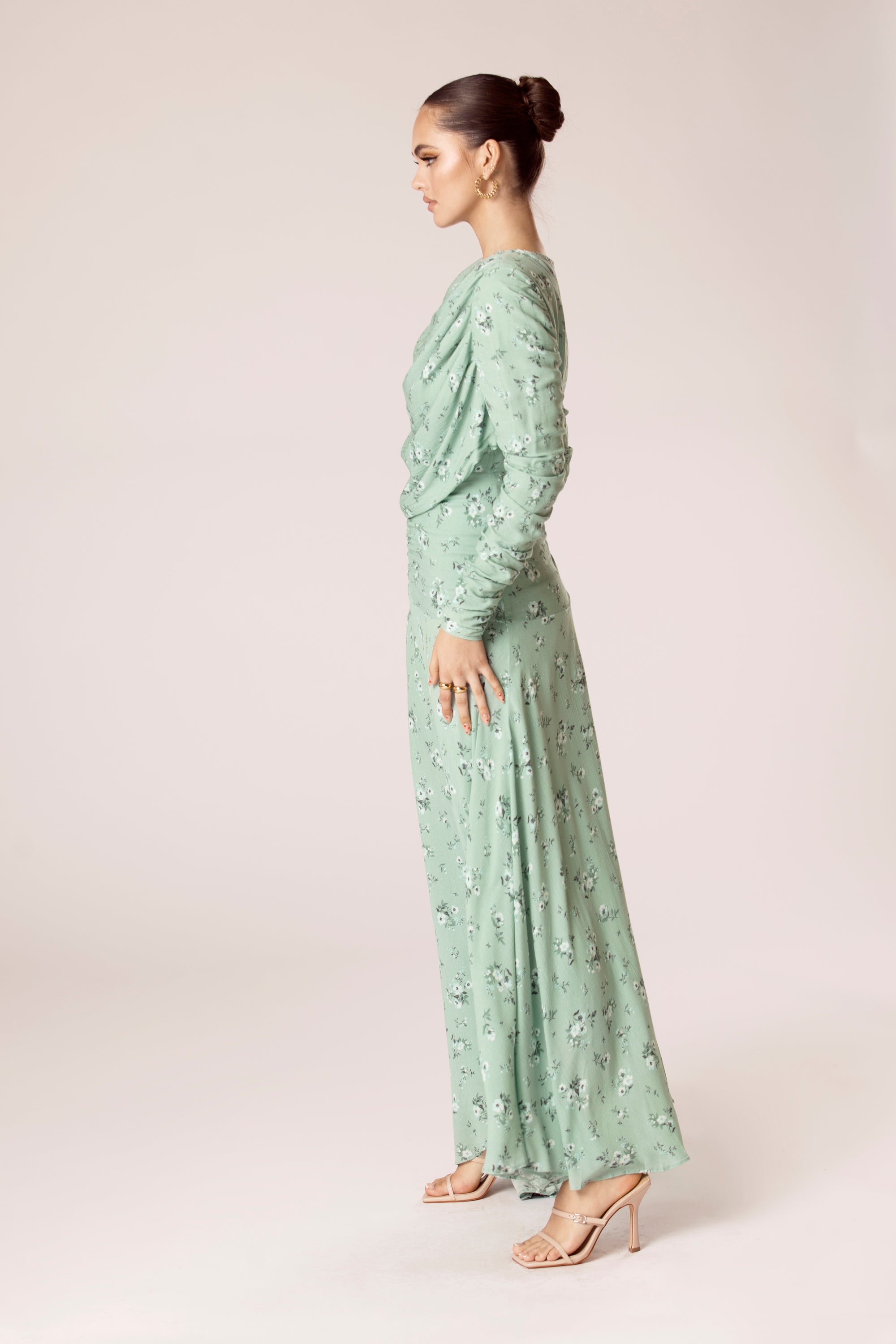 Valeria Floral Rouched Asymmetric Maxi Dress Veiled Collection 