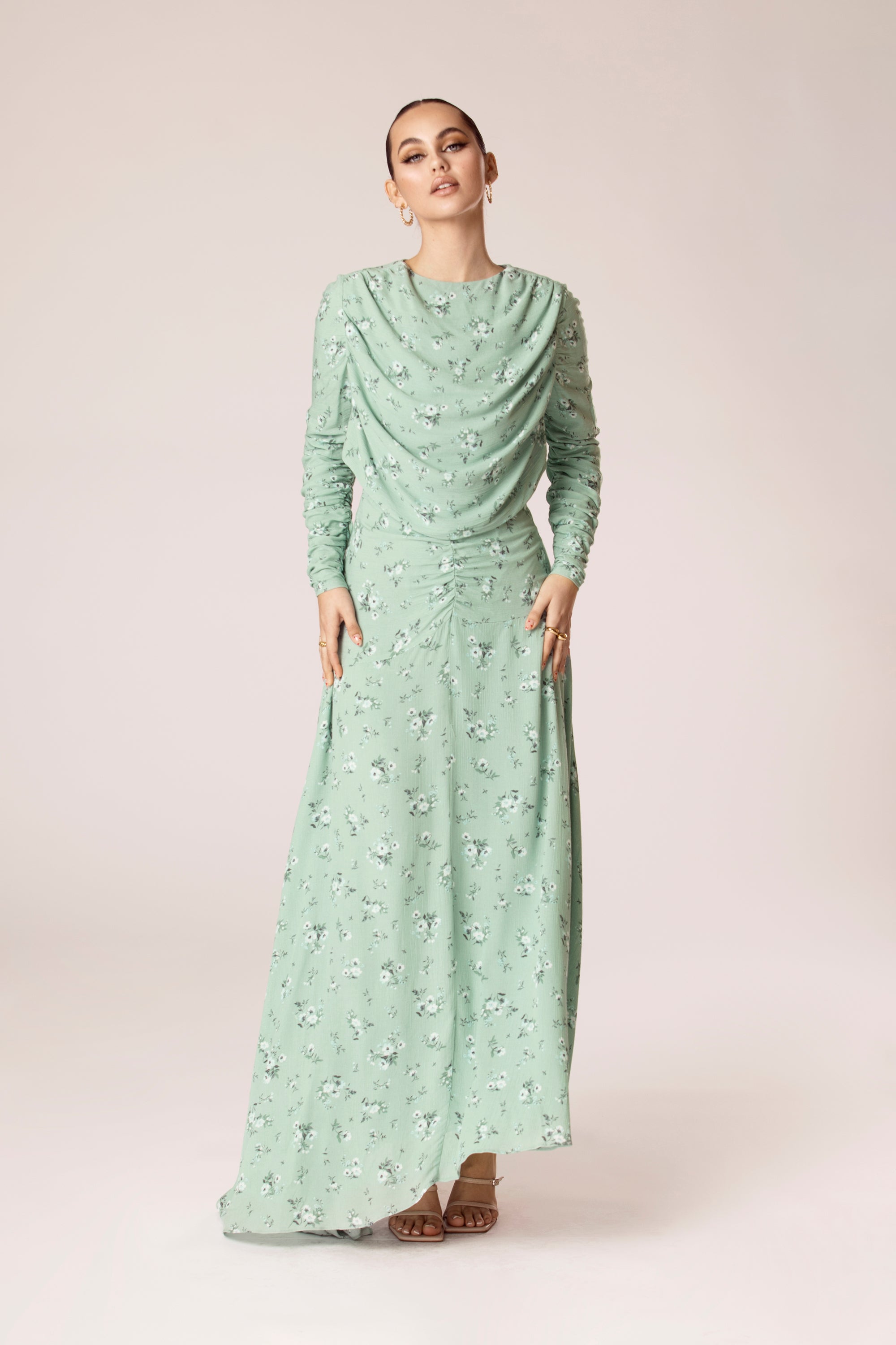 Valeria Floral Rouched Asymmetric Maxi Dress Veiled Collection 