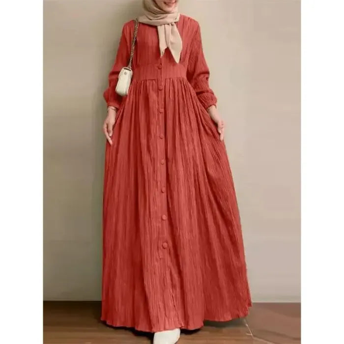 2024 Muslim Women's Spring & Autumn Fashion Ruffle Hem Bubble Sleeve Retro Dress with Pockets