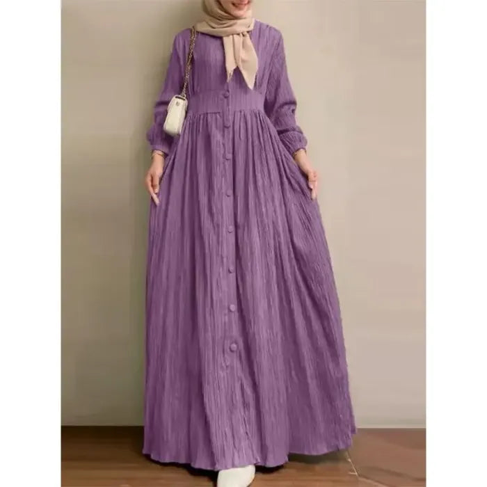 2024 Muslim Women's Spring & Autumn Fashion Ruffle Hem Bubble Sleeve Retro Dress with Pockets