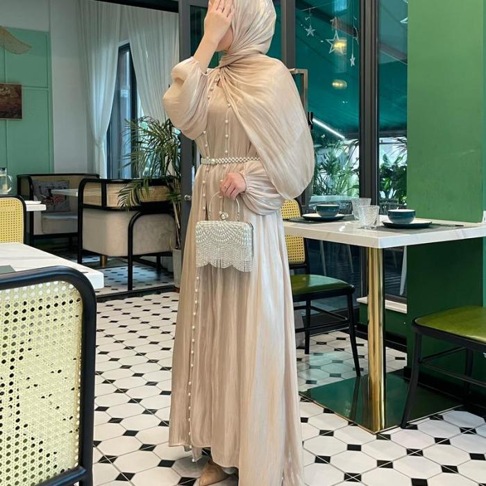 Pearl-Embellished Silk Abaya Set