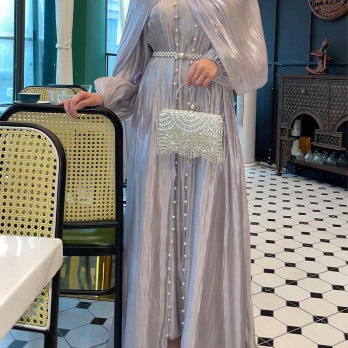 Pearl-Embellished Silk Abaya Set