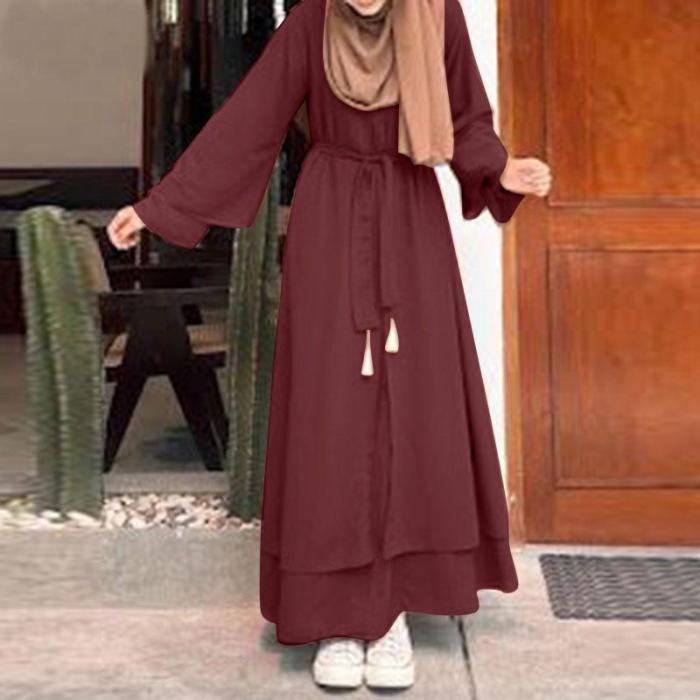 Classic Solid Double Layer Maxi Dress with Belt