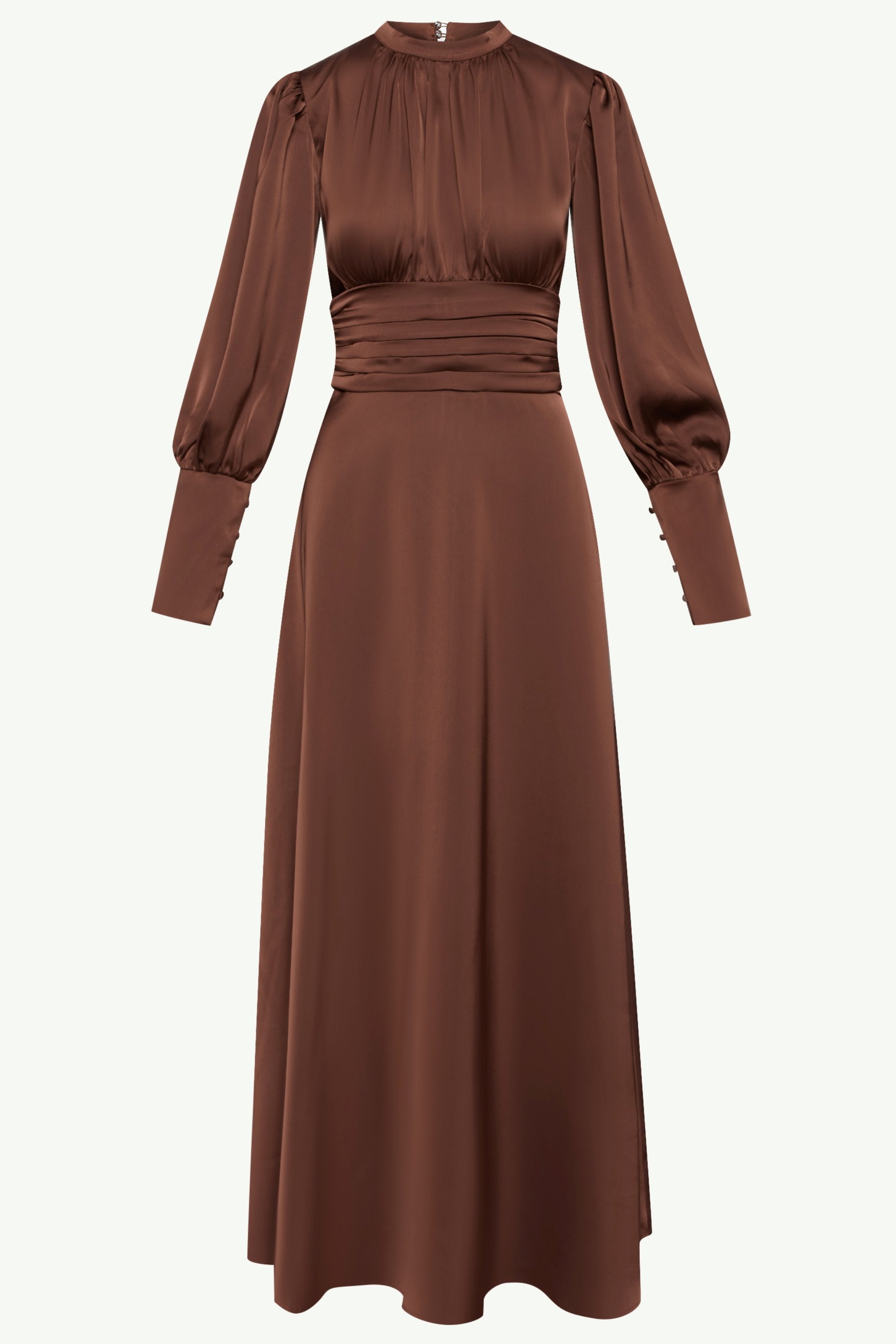 Yasmeena Pleated Waist Satin Maxi Dress - Chocolate Clothing Veiled 