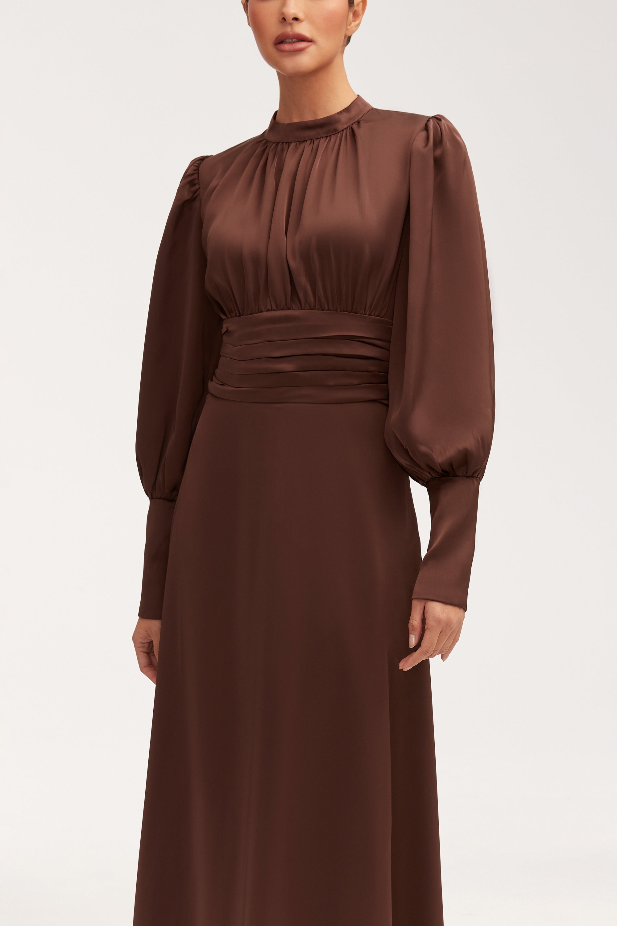 Yasmeena Pleated Waist Satin Maxi Dress - Chocolate Clothing Veiled 