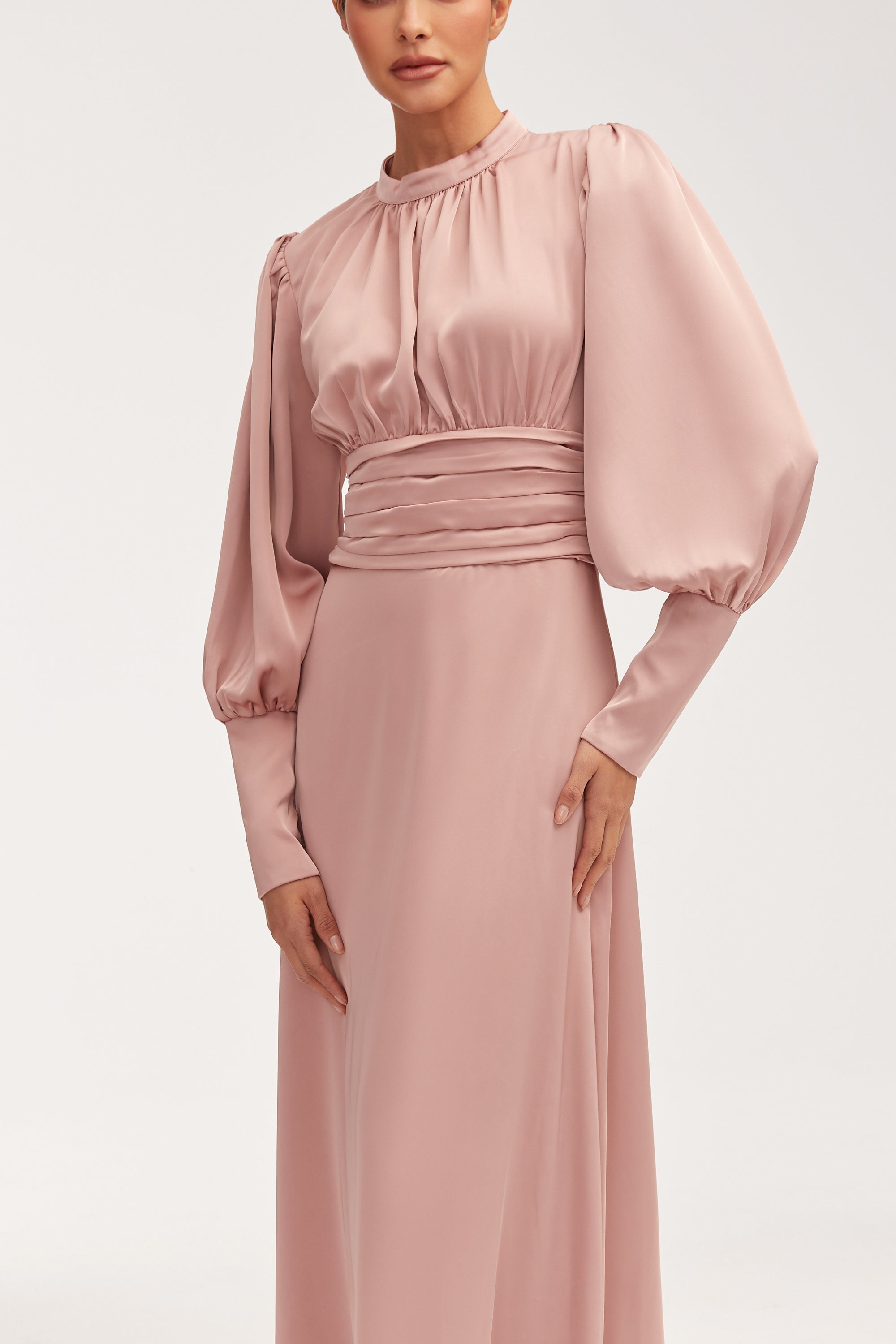 Yasmeena Pleated Waist Satin Maxi Dress - Dusty Rose Clothing Veiled 