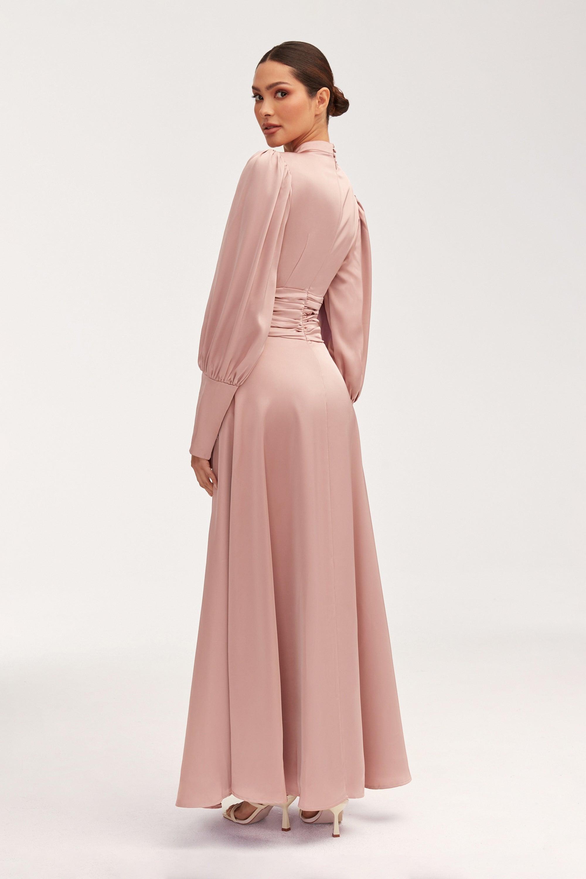 Yasmeena Pleated Waist Satin Maxi Dress - Dusty Rose Clothing Veiled 