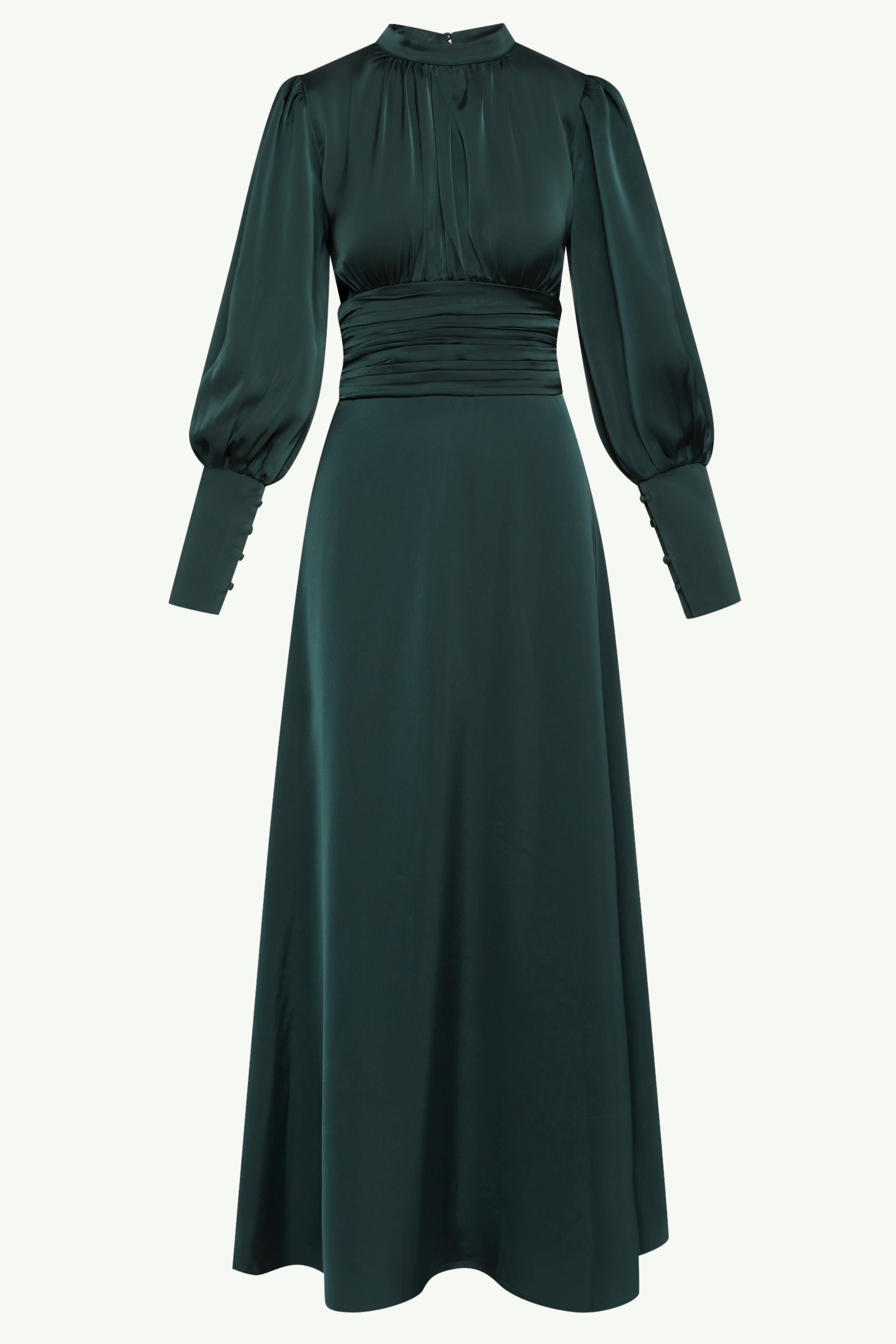 Yasmeena Pleated Waist Satin Maxi Dress - Emerald Clothing Veiled 