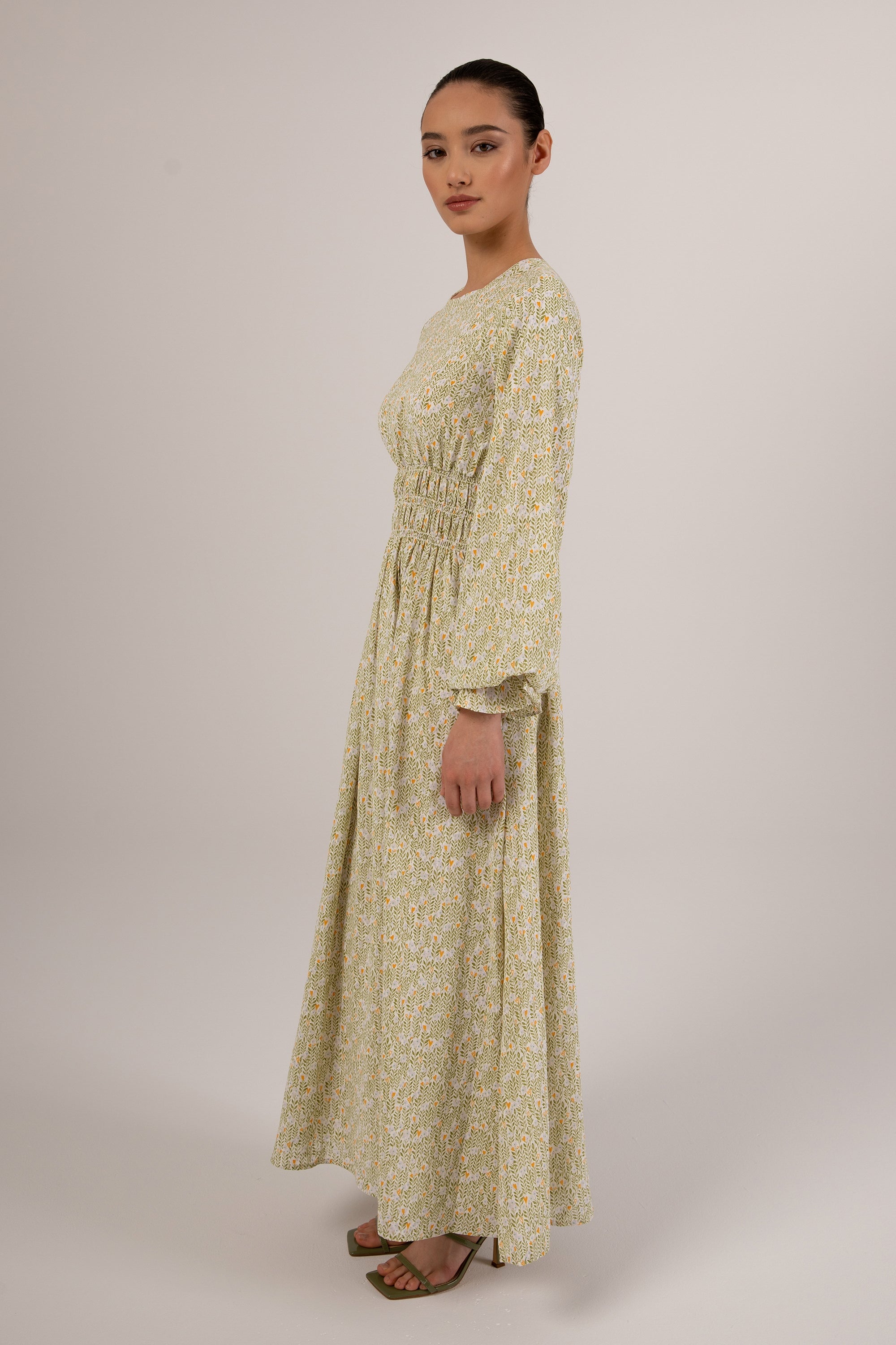 Zainab Green Floral Rouched Maxi Dress Veiled Collection 