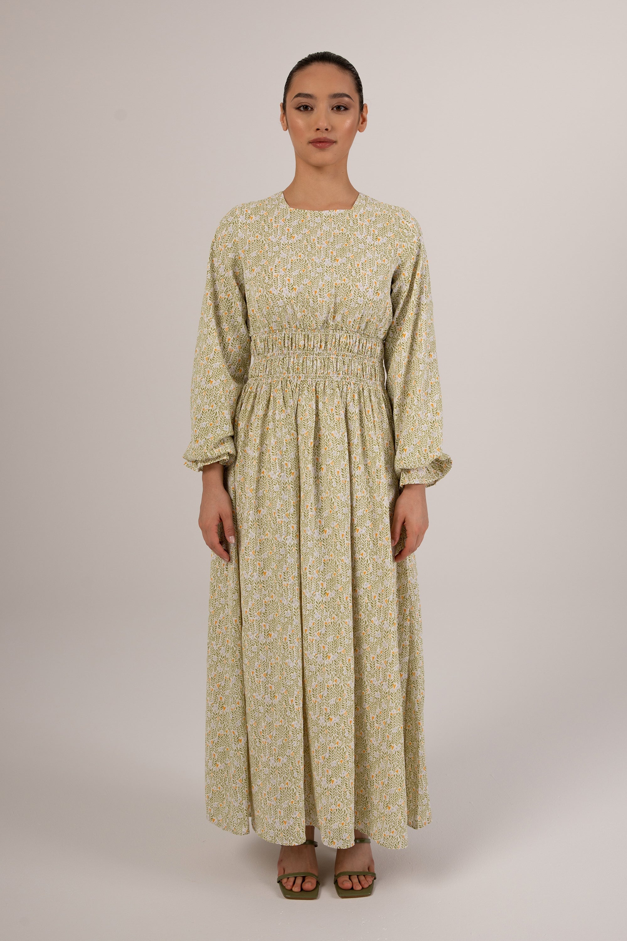 Zainab Green Floral Rouched Maxi Dress Veiled Collection 