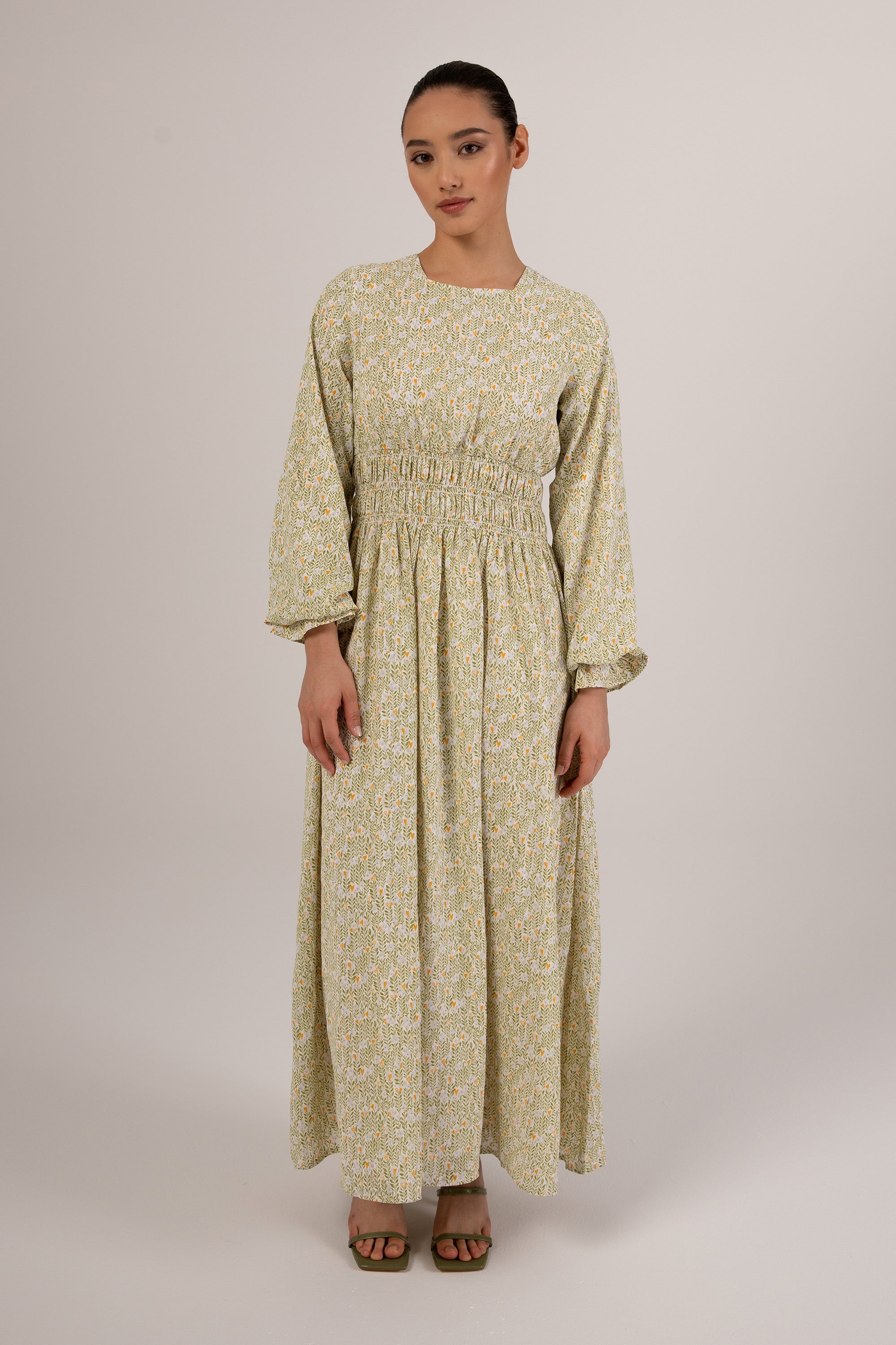 Zainab Green Floral Rouched Maxi Dress Veiled Collection 